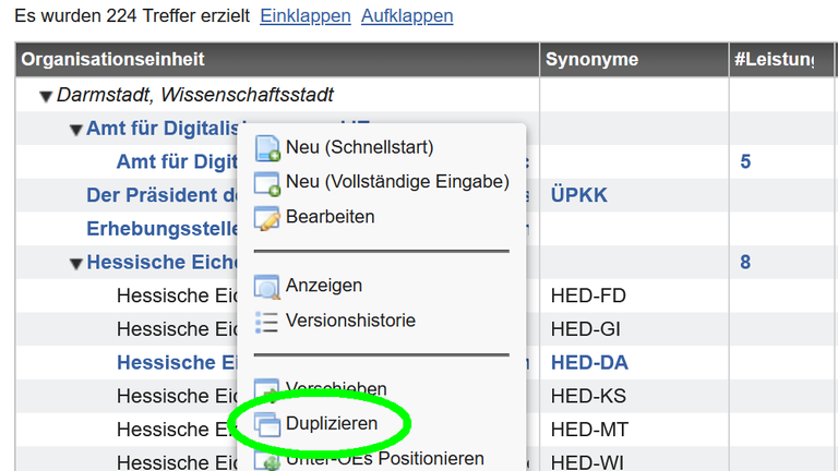 Screenshot Organisationseinheit duplizieren