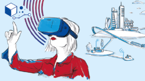 Wo Zukunft zuhause ist Frau mit VR-Brille und vernetze Bereiche im Hintergrund