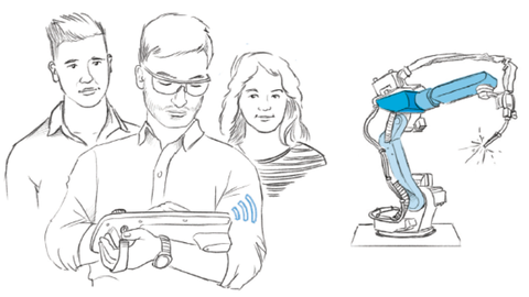 Wirtschaft und Arbeit 4.0 Mann mit Tablet bedient Roboterarm