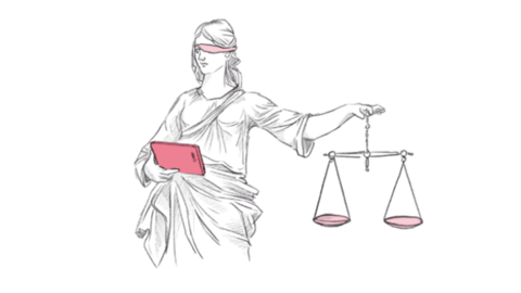 Justitia mit Tablet Justitia mit geschlossenen Augen und Tablet