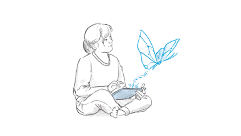 Kind mit Tablet Kind mit Tablet aus dem ein digitaler Schmetterling fliegt