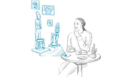 Frau schaut sich virtuelle Kunst an