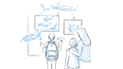 Kinder schauen sich virtuelle Kunst an 