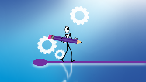 Distr@l-Strichmännchen mit lila Buntstift unterm Arm läuft Linie entlang Distr@l-Strichmännchen mit lila Buntstift unterm Arm läuft Linie entlang