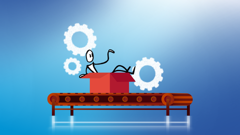 Distr@l-Strichmännchen sitzt in einer roten Kiste und fährt auf einem Fließband Distr@l-Strichmännchen sitzt in einer roten Kiste und fährt auf einem Fließband