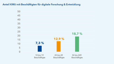 Der Anteil der Unternehmen mit Beschäftigten, die mit Forschungs- und Entwicklungsaufgaben zur Digitalisierung betraut sind liegt mit 18,7 Prozent bei Unternehmen mit 50 bis 249 Beschäftigte am höchsten und ist bei Unternehmen mit zehn bis 19 Beschäftigten mit einem Anteil von 7,3 Prozent am geringsten.