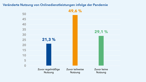 Vor der Corona-Pandemie haben fast 50 Prozent der Hessinnen und Hessen Onlinedienstleistungen teilweise genutzt. 30 Prozent haben diese nicht genutzt und knapp 20 Prozent regelmäßig genutzt.