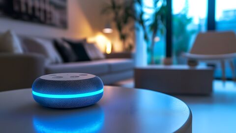 Künstliche Intelligenz Ein intelligenter Lautsprecher mit blauem Licht in einem Wohnzimmer