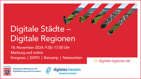 Digitale Städte - Digitale Regionen Grafik mit weißer Schrift auf rotem Hintergrund "Digitale Städte - Digitale Regionen. Kongress am 18. November 2024"
