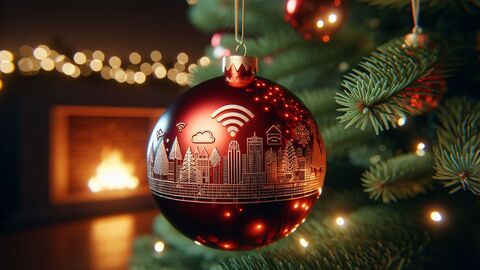 Eine Christbaumkugel mit Motiven zum Thema Weihnachten und Digitales