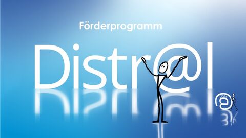 Distr@l-Strichmännchen vor Distr@l-Schriftzug