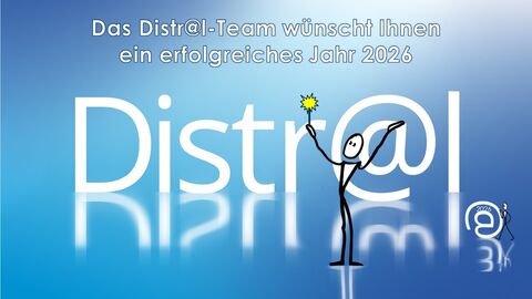 Distr@l-Strichmännchen vor Distr@l-Schriftzug mit Neujahrsgrüßen